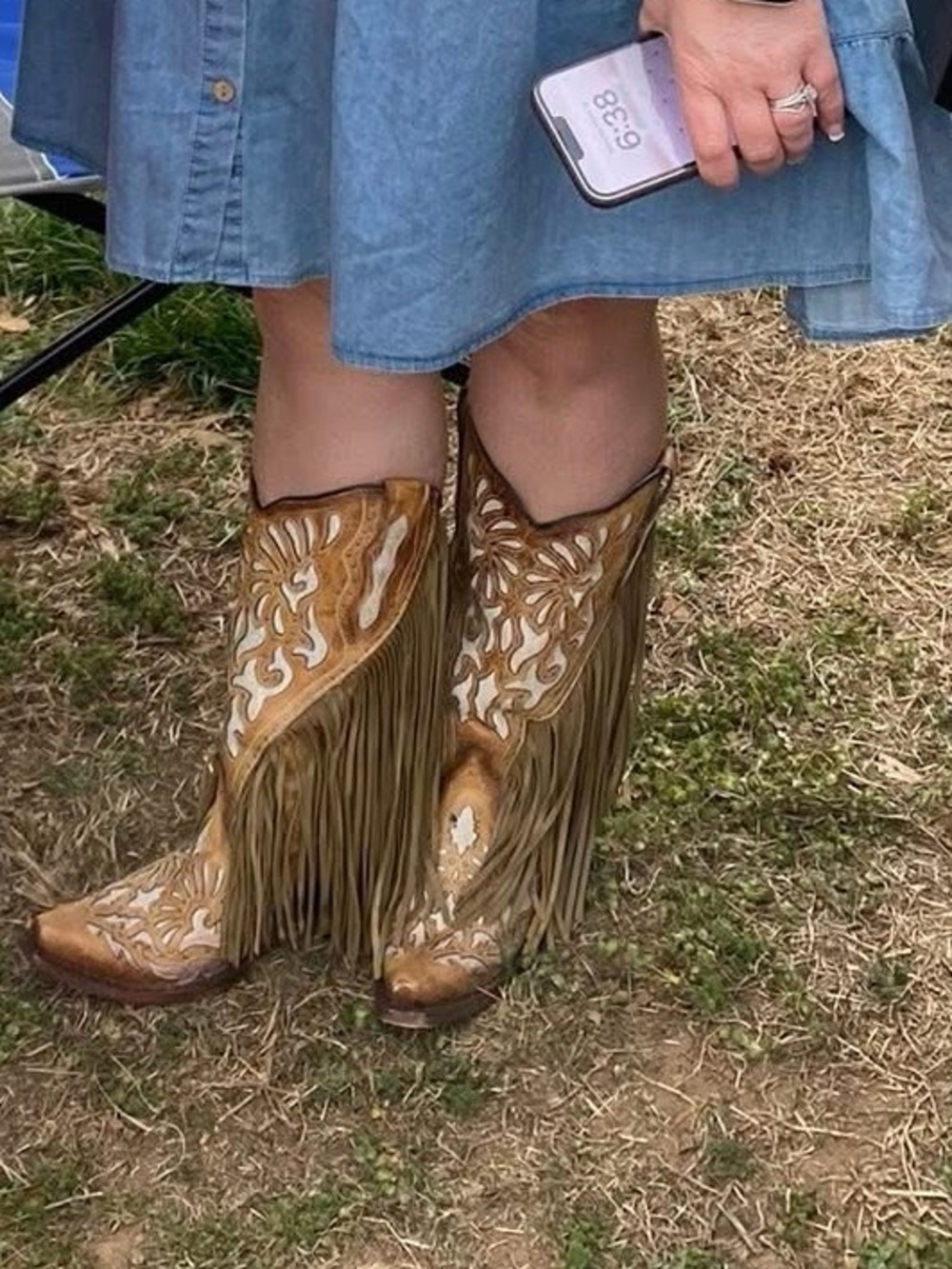 Fringed Tan Western Knee-High Boots - Picture 4 of 4